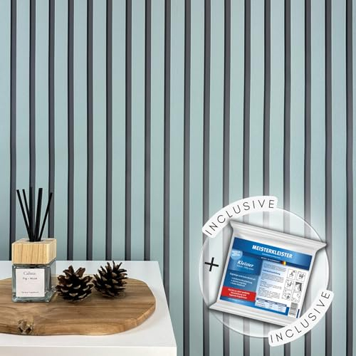 WALLCOVER Tapete inkl. Kleister Blau Vliestapete Streifen Schwarz - Blaugrau Paneele Skandinavischer Stil Wandpaneele Modern Lamelle Made in Germany