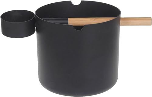 Aluminum Sauna Bucket, 7L Handmade Sauna Bucket, Multipurpose Black Sauna Kit with Long Wood Handle, Aluminium Sauna Bucket, Ladle Sauna Barrel for Camping Outdoors Traveling Fishing Picnic