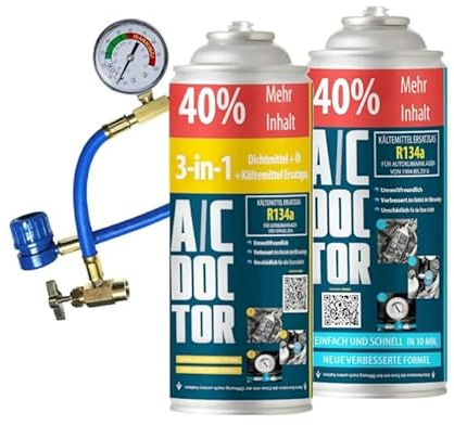 AC DOCTOR Réfrigérant climatisation R134a, 1 Huile 3 en 1, Mastic réparation et Recharge R134a + Adaptateur Tuyau avec manomètre. pour Voitures de 1995 à 2016.