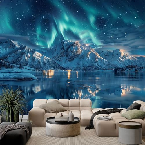 Fototapete Nordlicht Aurora Borealis Wanddeko, Schneebedeckte Berge und See Hochwertige Wanddekoration - Natur Landschaft Tapete Wandbild für Wohnzimmer Schlafzimmer Büro 350x256cm