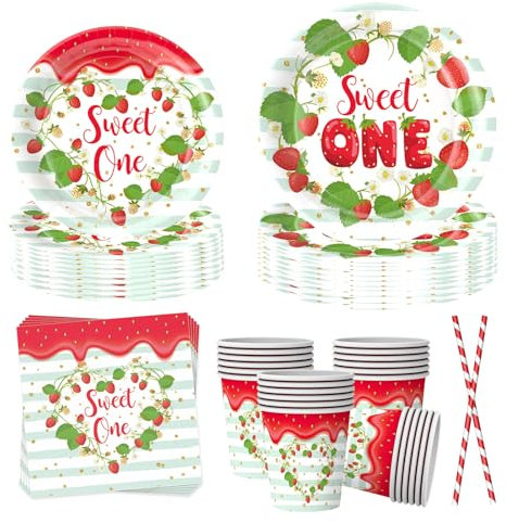 EVYIENEN 50 platos de fiesta de fresa, platos de fiesta y servilletas, pajitas de papel, frutas de verano, decoraciones para fiestas de cumpleaños para 10 invitados (fresa)