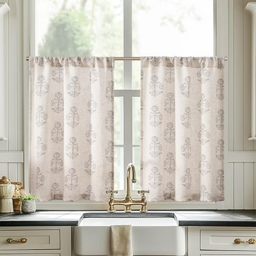 TOPICK Floral Küchengardinen Scheibevorhänge Lichtdurchlässig Kurze Fenster Vorhänge Bauernhaus Leinenoptik Kleine Fenster Bistrogardine für Wohnzimmer modern Küche 65B x 60H(cm) 2 Platten Grau
