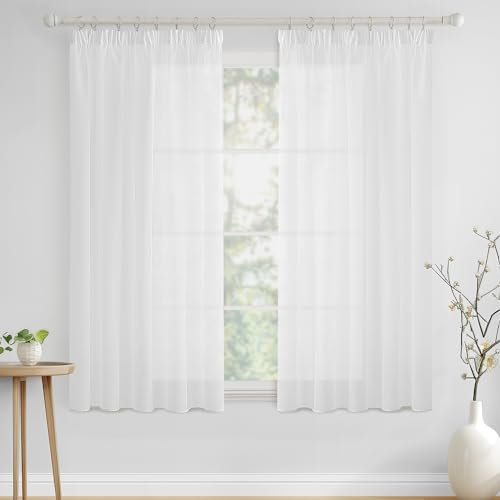 MIULEE Gardinen Vorhänge mit Kräuselband Vorhang Transparente Gardine aus Einfarbig Transparent Sheer Voile Wohnzimmer Luftig Dekoschal für Schlafzimmer 2er Set 122 x 140cm (H x B) Weiß
