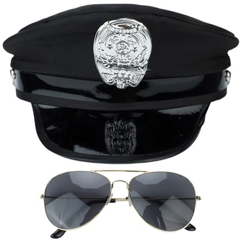 Jugaoge Damen Wetlook Polizei Mütze Polizist Hut mit Schirm Lack Leder Schirmmütze Metallic Glänzend Kappe Hat + Sonnenbrille