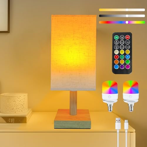Pulsky Wireless Bedside Table Lamp with 2 Pcs E14 RGB Rechargeable Battery Bulb, Remote Control, Dimmable, Timer, Cylindrical Fabric Light for Living Room, Bedrooms, Reading, Night Lighting