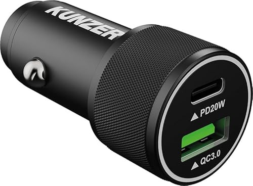 KUNZER 7USBAC12 USB-Auto-Ladeadapter 12V Zigarettenanzünder, PKW, SUV, 20W | 1x USB-Typ-A QC3.0, 1x USB-Typ-C PD, für KFZ, Tablets, Aluminiumgehäuse, Multimedia-Geräteladen, Ausgang