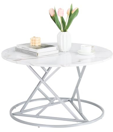 GOKHOMX Table Basse de Salon Ronde Effet Marbre, Table Basse Ronde Blanche avec Cadre en Métal Argenté, Moderne Aspect Faux Marbre, pour Salon, Salle de réception, Café, 80 x 80 cm