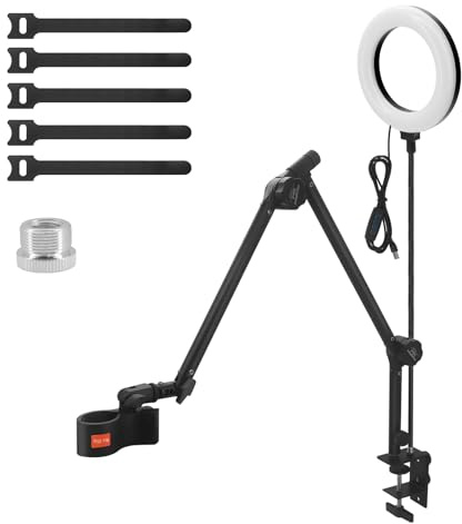 Beowanzk Professional Microphone Stand with 16cm Ring Light and 360° Rotatable Arm | Carbon Steel Construction | Adjustable Desk Clamp (5.7-9cm)