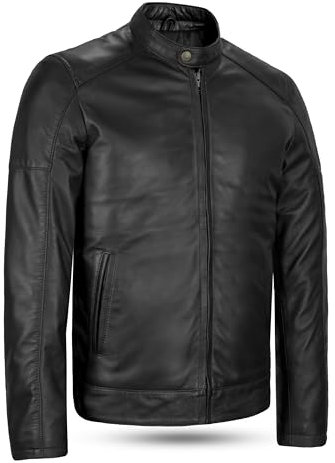 Leatherick Chaqueta de motociclista de piel de cordero para hombre - Chaqueta de motociclista negra, resistente y cálida, con cremallera (FR/ES, Letras, L, Regular, Regular, Chaqueta Leo negra)