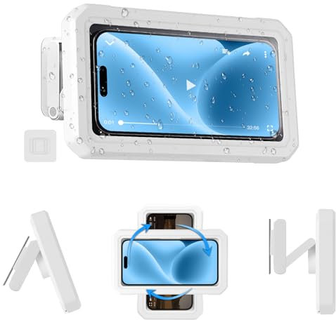 HOTUT Support de Téléphone de Douche Étanche, Étui Téléphone Mural Rotation à 360°, Support Universel pour Douche Salle de Bain Cuisine pour Moins 7 Phone, Écran Tactile Haute Définition - Blanc