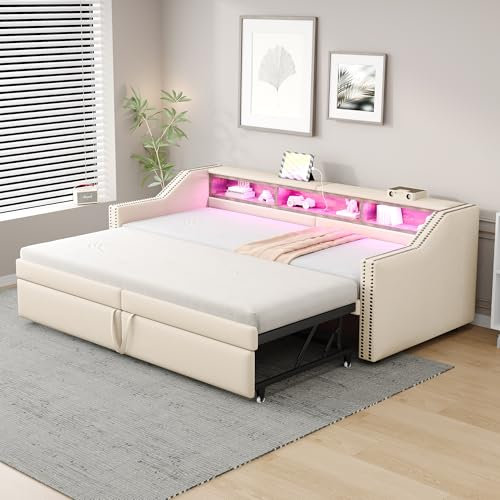 Dolamaní Tagesbett 90/180x200 cm mit Ausziehbett Gleiche Höhe, Bett Ausziehbar zum Doppelbett, Schlafsofa mit LED-Licht und USB-Buchse für Erwachsene 2 Personen, Leinennn (Beige C)