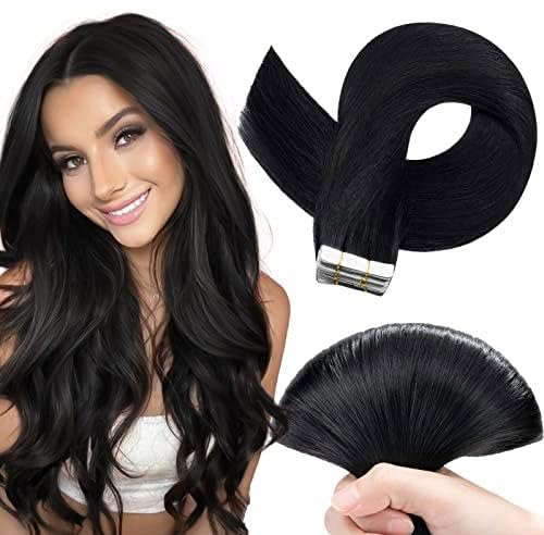 TESS Invisible Tape in Hair Extensions Real Human Hair 20PCS Hair Loss Cover or Highlights Reusable Glue Tape Hair Pieces for Women UK #1B Natural Black 20 Inch 50g