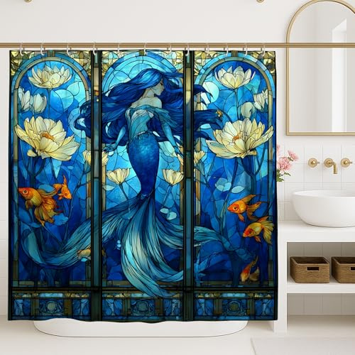 Rideau de douche sirène en vitrail, décoration de salle de bain en forme de poisson bleu foncé et doré, motif poisson d'inspiration océan, art moderne, en tissu imperméable, avec crochets, 183 x 183