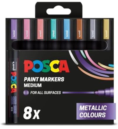POSCA PC-5M Medium Tip Acrylic Paint Marker Pens, Metallic Colours (8-Pack) | 1.8–2.5 mm Medium Tip, for All Surfaces, Rich Pigments, Biodegradable Packaging