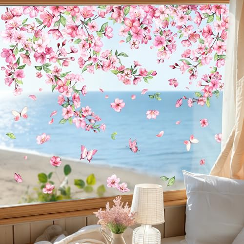 Supzone Fensterbilder Blumen Frühling Sommer Fensteraufkleber Kirschblüte Selbstklebend Fenstersticker Anti-Kollision Fensterfolie Glastüren Fensterdeko