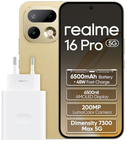 realme 16 Pro 5G Smartphone 8GB+256GB, Gold | Batteria 6500mAh, Ricarica Rapida 80W, Display AMOLED 6,78 pollici, 144Hz, Fotocamera 200MP, Dimensity 7300 Max, IP69
