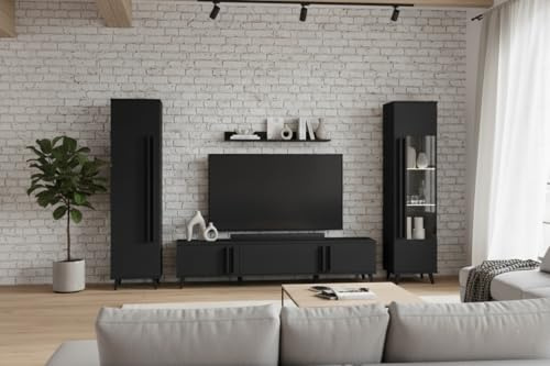 MINIO go for it - Wohnwand Huron 2, 4-teilig Set ohne LED | auf hohen Beinen, Farbe: Schwarz mat