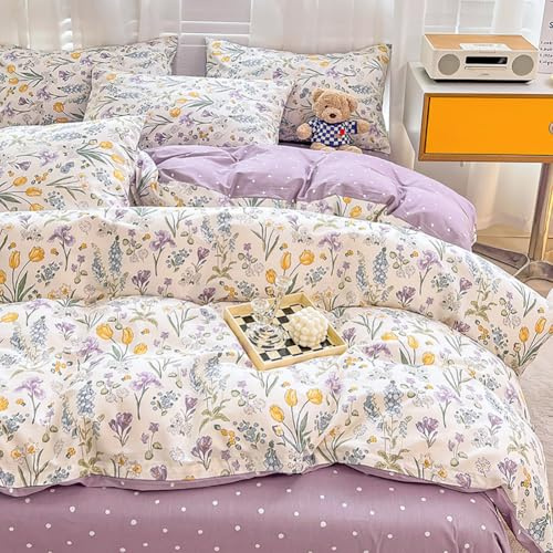 Bettwäsche 135x200 Baumwolle Lila Blumen Blumenwiese und Kissenbezug 80x80 | Baumwollbettwäsche Set, Kleine Blumen Blümchen, Botanisch, Blumenmuster, ÖKO-TEX, Weich, Bettwäsche-Sets mit Reißverschluss