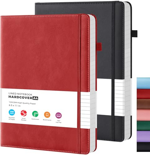 FOCUS DAY (2 Pack) A4 Notebook Journal Hardback, Large A4 Journal for Women/Men, with 100GSM Lined Paper, Inner Pocket, Pen Loop, PU Leather Note Book for School Office, 21.5 x 28 cm, Red & Black