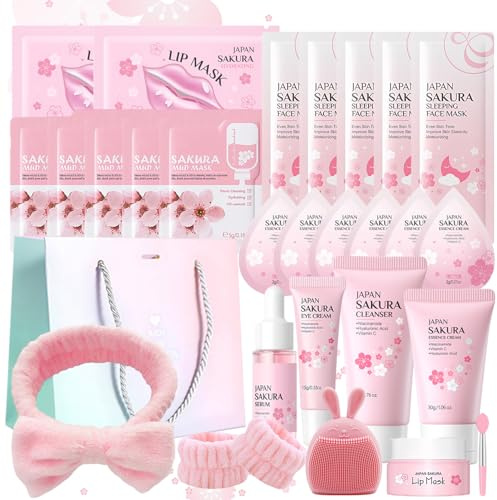 29 Stück Sakura Gesichtspflege Set, Korean Skin Care Set | mit Cleanser, Serum, Schlammfilm, Lippenmaske, Gesicht Reinigung & Pflege, Sakura HautpflegeSet für Teenager Mädchen Frauen
