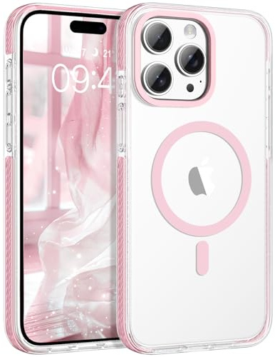 BENTOBEN Magnetic Case for iPhone 15 Pro Max [Compatible with MagSafe], Transparent Anti-yellow Military Protection Bumper Guard Non-Slip Women Cute Shockproof Case for iPhone 15 Pro Max, Clear Pink