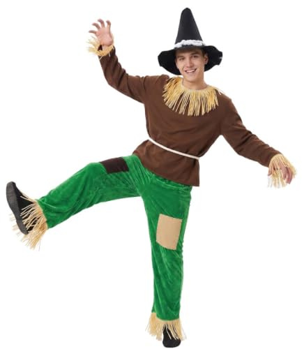 Adults Scarecrow Fancy Dress Costume Halloween World Book Day | Adult unisex 3 piece scarecrow costume, straw top, patchwork trousers, pointed black hat, Halloween book day