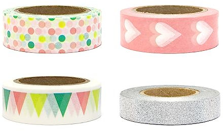 PartyDeco Washi Tape 4er Set 10-15mm x 10m mit Muster & Motiv Herz Punkte Glitzer - Dekoratives Papierklebeband selbstklebendes Dekoband für Bastelzubehör Scrapbooking Journaling und DIY Deko