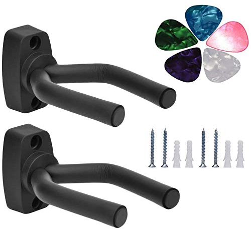 Chitarra Parete Ganci Stand Confezione da 2 Guitar Supporto Gancio Montaggio a parete Ganci Appendi Chitarra per Chitarra Elettrica Basso Elettrico Ukulele Violino (2 pacchi 5 plettri)
