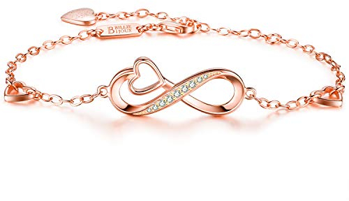 Billie Bijoux 925er Sterling Silber Unendlichkeit Herz Endless Love Symbol Charm verstellbares Armband White Gold Plated Frauen Geschenk zum Abschluss Geburtstag Valentinstag Weihnachten (Roségold)