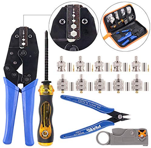 Swpeet 14Pcs Professional Coaxial Cable Tool Kit, Ratcheting Wire Terminal Coaxial Cable Tool Kit with 1Pcs Cable Stripper and 10pcs 50 Ohm BNC Crimp Male/Straight Connectors for Coax Connectors