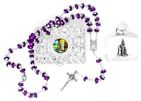 Coffret cadeau d'eau de Lourdes avec boîte à chapelet argentée, belle rose en métal, bouteille d'eau sacrée