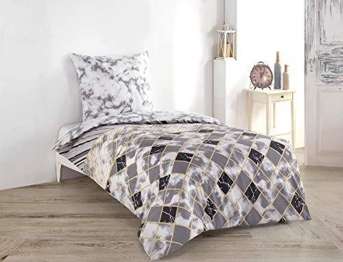 Buymax Bettwäsche 155x220 Baumwolle 2-Teilig Bettgarnitur mit Bettbezug und Kissenbezug 80x80 Renforce Bettwäsche-Set Wendbar Marmor-Muster Streifen, Grau Weiß