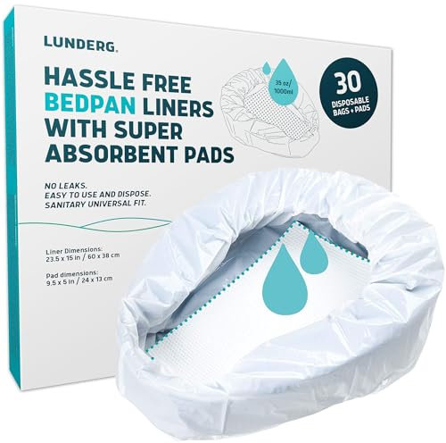 Lunderg Bedpan Liners with Super Absorbent Pads - Value Pack 30 Count - Medical Grade & Universal Fit - Bed Pans for Females, Elderly Men and Women - Make Life so Much Easier