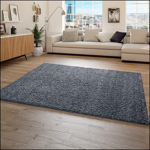 Paco Home Hochflor Teppich Wohnzimmer Shaggy Langflor Modern Einfarbig Ohne Muster, Grösse:140x200 cm, Farbe:Blau