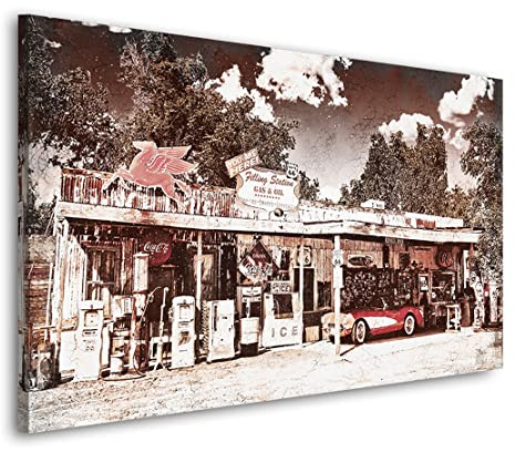 Kunstgestalten24 Leinwandbild Route 66 Filling Station Retro Wandbild Kunstdruck Foyer