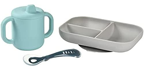BÉABA, Set de Vajilla de Silicona para Comida de Bebé, Set de Aprendizaje, 3 piezas, Plato Compartimentado + Taza + Cuchara, Silicona Saludable y Duradera, Apto para Lavavajillas, Microondas, Azul