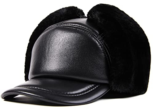 ZHOUXIAO Winter Aviator-Hut Mit Großen Ohrklappen Für Männer, Winddicht wasserdichte Trapper-Hut Mit Krempe Warmer Soldat-Russisch-Faux-Pelz-Hut-Mütze-Leder-Hut, Geschenk Für black-57-58CM