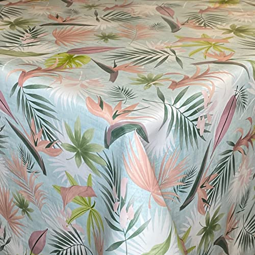 KEVKUS Wachstuch Tischdecke 01570-03 Lilien Monstera Dschungel Blüten hellblau eckig rund oval (Rand: Paspelschrägband, 140 x 300 cm eckig)