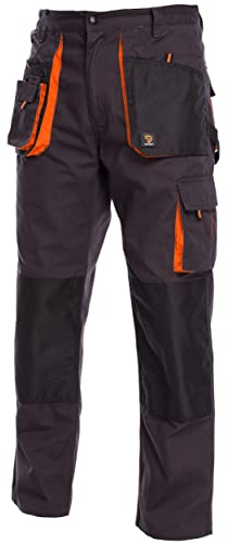 Pantaloni da lavoro uomo, tasche per ginocchiere per pantaloni da lavoro, regolazione della vita dei pantaloni, colore grigio con inserti arancioni, taglie 54