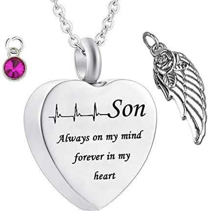 Homxi Urnenketten für Asche Herz mit Engelsflügel Oktober Geburtsstein Gravur Son Always on My Mind Forever in My Heart Edelstahl Urne Asche Kette Rot Rose