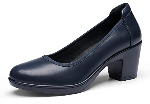 DREAM PAIRS Womens Edena Chunky Closed Toe Low Block Heels Work Pumps Comfortable Round Toe Dress Wedding Shoes SDPU2230W,Size 8,Navy Blue,SDPU2230W