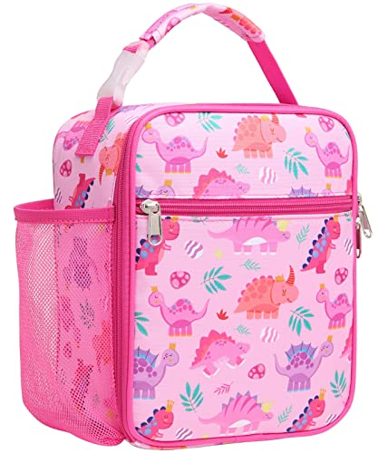 Bagseri Lunch Bag for Girls - Insulated Lunch Bag for Kids, Portable Lunch Cooler Bag for School, with Bottle Holder, Water-Resistant Lining, Pink Dinosaur