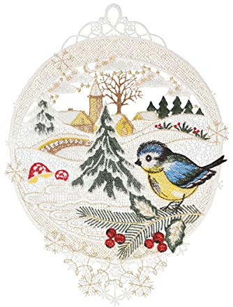 Fensterbild Winterdorf farbig 20 x 27 cm aus Plauener Spitze Fensterdeko Fensterschmuck Bilder Handarbeit Deko Fenster