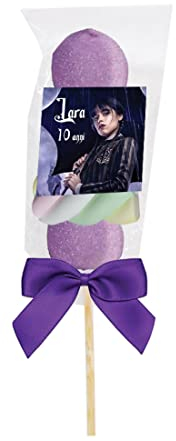 Spiedini di Marshmallow con tag personalizzabili Mercoledì Addams kit fai da te per caramellata regalini fine festa compleanno party