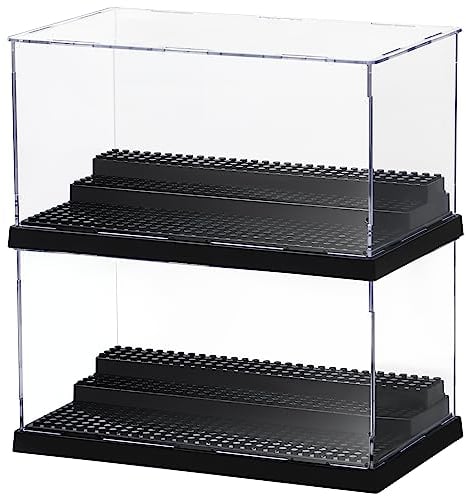 Winter Shore Acryl Vitrine mit 3 Ebenen [2 Set] - Durchsichtige Kleine Vitrine für Minifiguren, Bausteinmodelle & Brick-Action-Figuren - Stapelbarer Staubdichter Schaukasten mit Noppenplatten