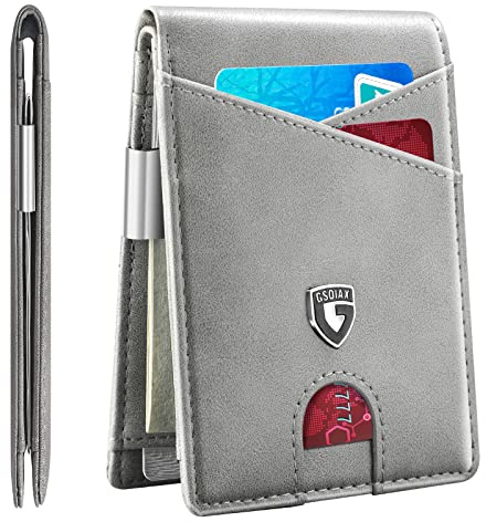 GSOIAX Schlanke RFID-Geldbörse aus Leder für Herren, minimalistische Fronttasche mit Geldklammer, 12 Kartenfächer, Ausweisfenster, cooles Rillen-Design, inklusive Geschenkbox, Leder - Beige, Classic