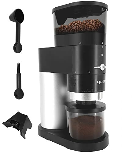 Yoer Mulino BCG01BK, Elektrische Kaffeemühle 150W, Scheibenmahlwerk, automatisch, 43 Mahlstufen, kegelförmig, aus Stahl, schwarz