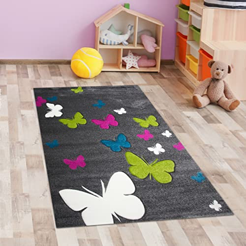 CARPETIA Niedlicher Schmetterlings-Teppich für Kinderzimmer ▸ robust schadstofffrei ▸ grau, 80 x 150 cm