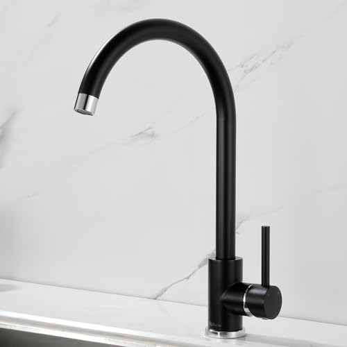 Kelleria Grifo de Cocina en Acero Inoxidable SUS304 - Giratorio 360° de Alta Presión, Monomando con Caño Alto, Instalación Fácil, Acabado Negro Mate, Cartucho Cerámico Duradero