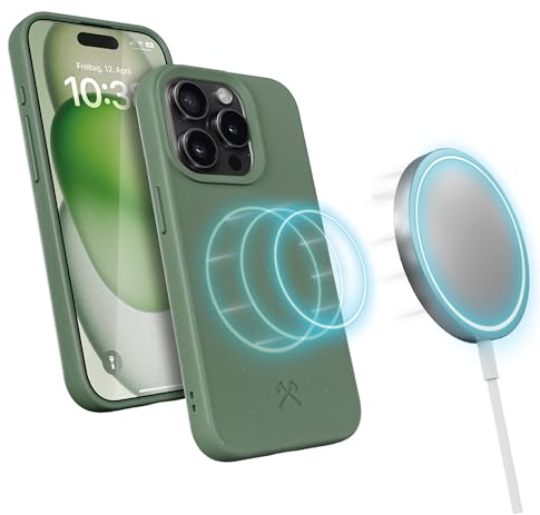 Woodcessories - BioCase, Magnetische Handyhülle für iPhone 15 Pro kompatibel mit MagSafe, Hülle mit Magnet grün - Nachhaltig aus Pflanzen
